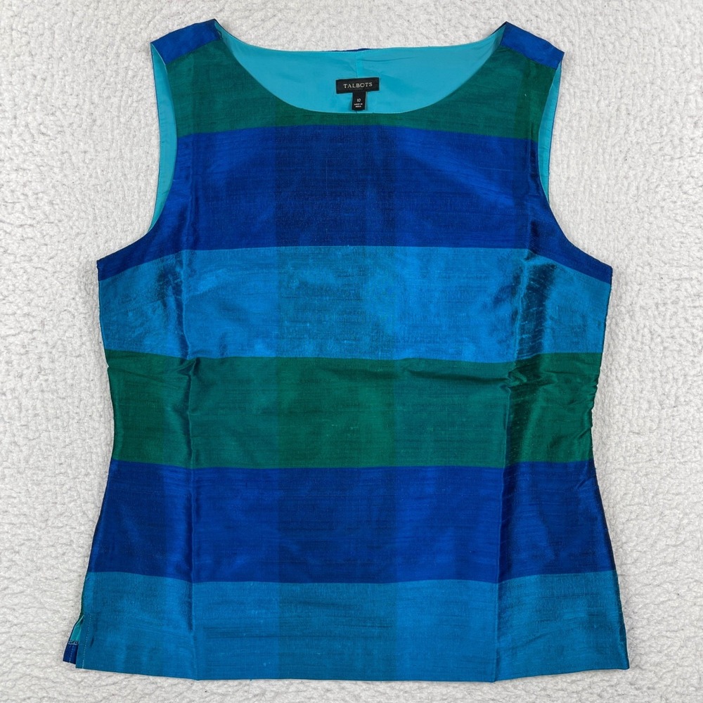Talbots Silk Shell Top Womens 10 Blue Green Striped Sleeveless Boat Neck Blouse